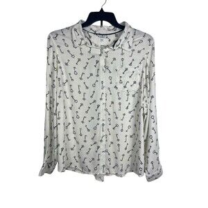 Dressbarn 2X Key Print Novelty Blouse Ivory Black Button Front Office Top NWT